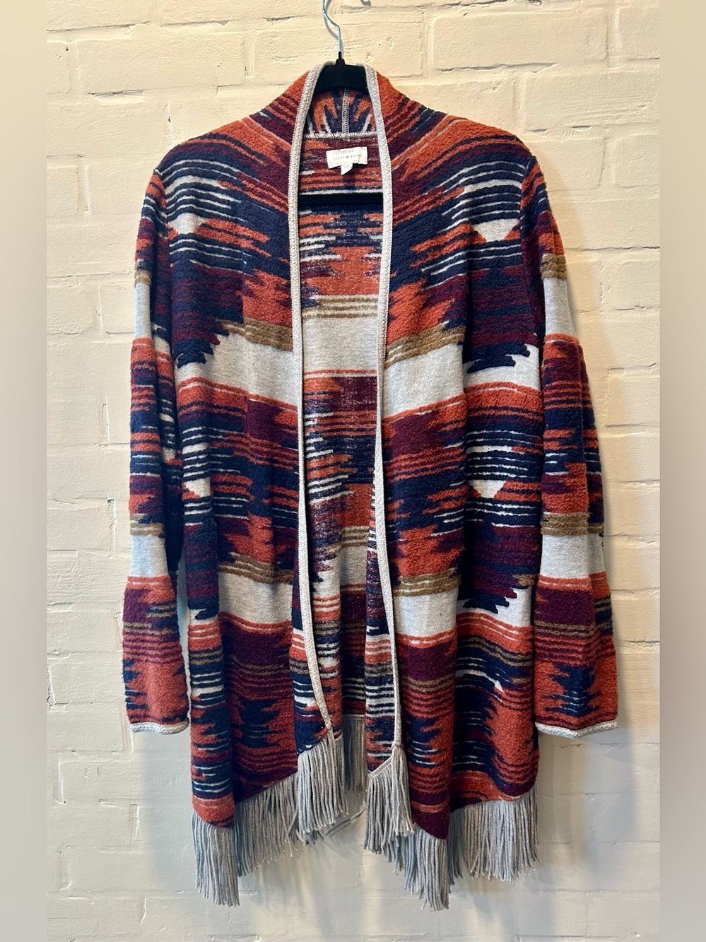 Lucky Brand Fringe Open Front Cardigan Sweater L Aztec Southwestern Boho